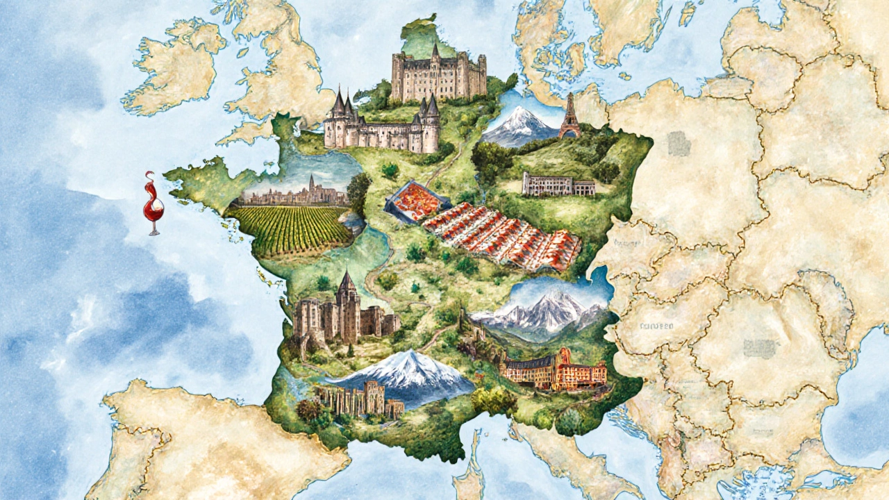 Художественная мозаика регионов Франции: виноградники, замки, рынки и горы.