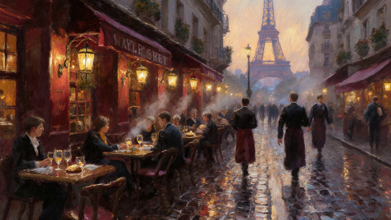 Парижский бистро вечером с огнями и видом на Эйфелеву башню.