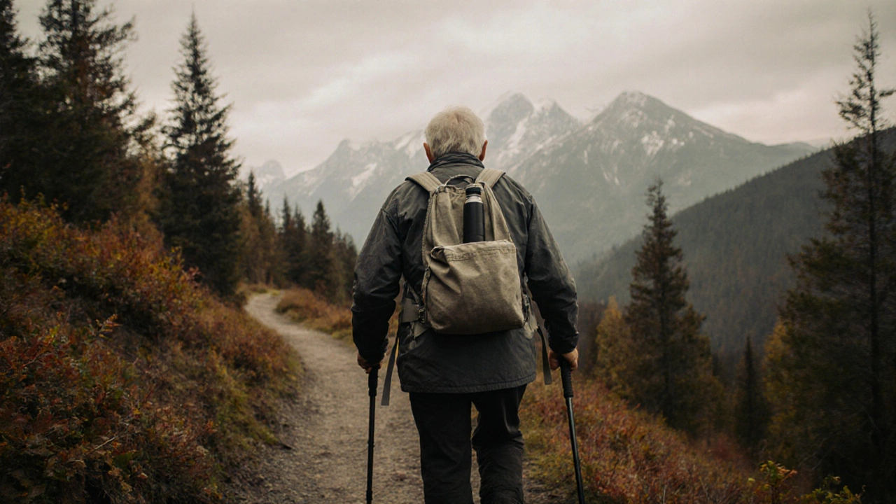 Пожилой человек спокойно идет по горной тропе с палками, рядом — термос и экологичный рюкзак.