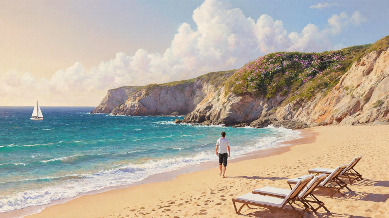 Пустынный пляж Алгарве в сентябре: чистый песок, прозрачная вода и одинокий путник на закате.