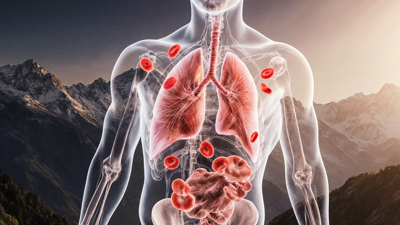 Схематичное изображение тела человека с растущими эритроцитами и включенными мышцами на фоне гор.