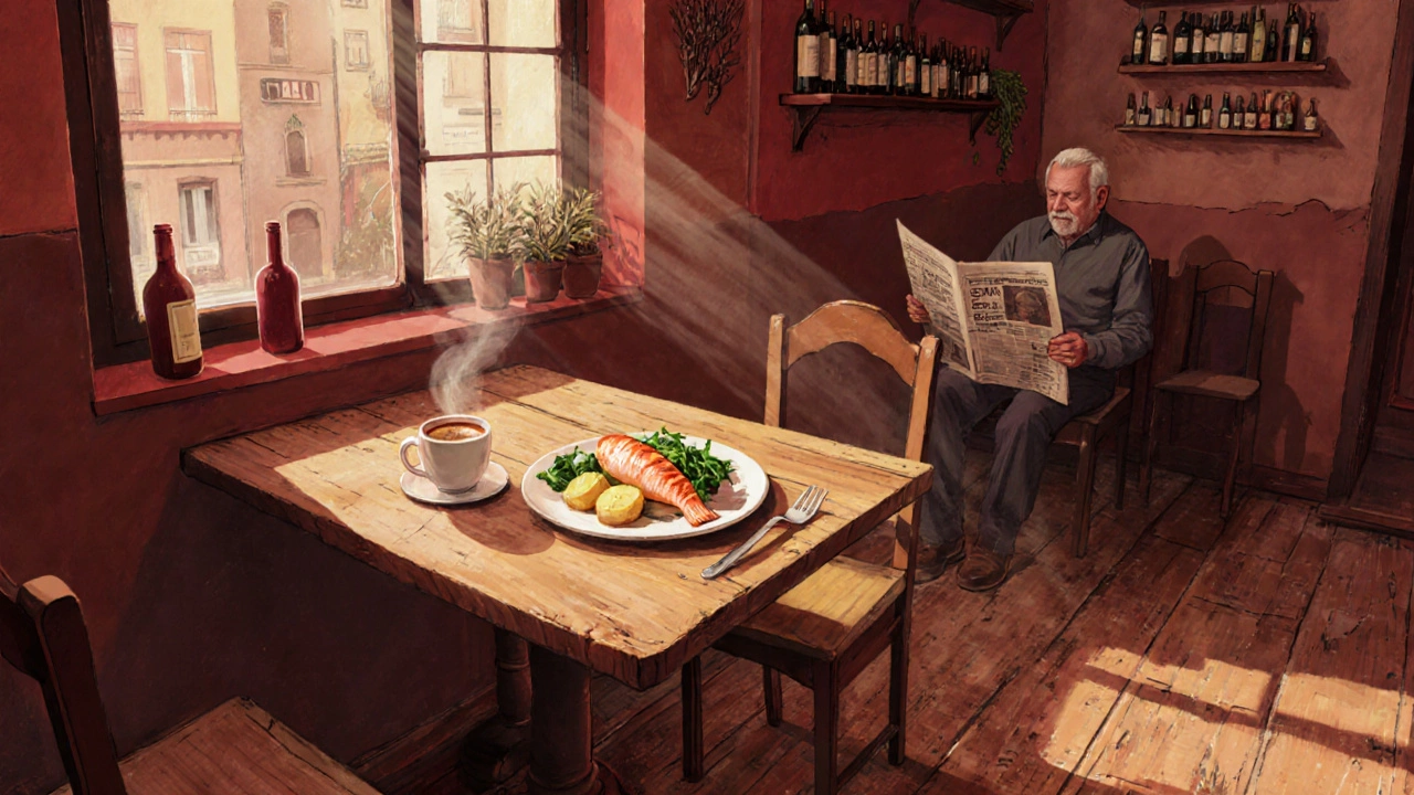 Уютная таверна в Порту: простой обед из трески, эспрессо и деревянные полы в тёплом свете.