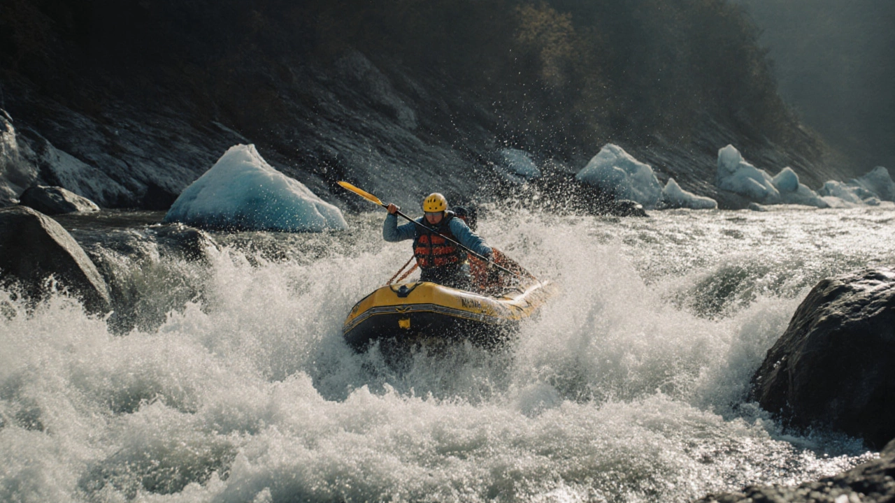 Бурный водопад на реке Катунь, рафтеры преодолевают порог класса V, брызги воды в лучах утреннего света.