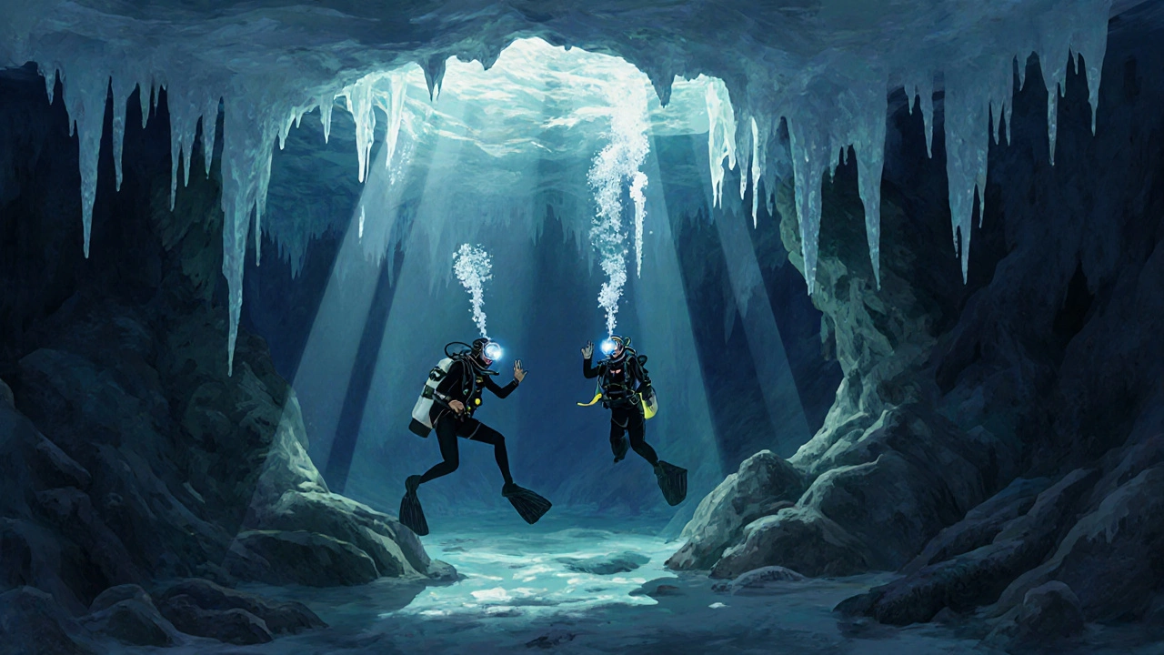 Дайверы спускаются в подводную пещеру Байкала, лучи света пронзают воду, видны древние скальные структуры.