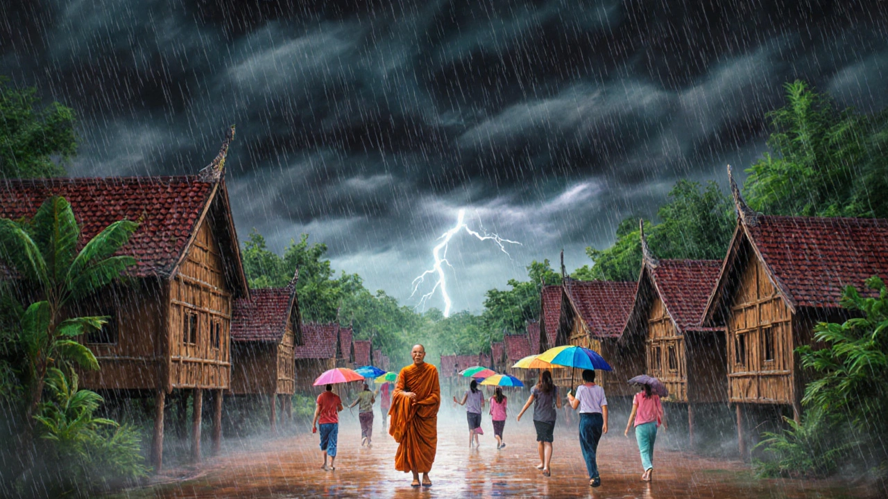 Дождь в деревне Таиланда: люди под зонтами, монах идет по мокрой улице, дождь льется с темных облаков.