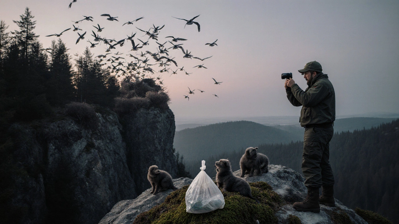 Дрон над заповедником, птицы улетают с утёсов, внизу — детёныши и пластиковый пакет в мху.