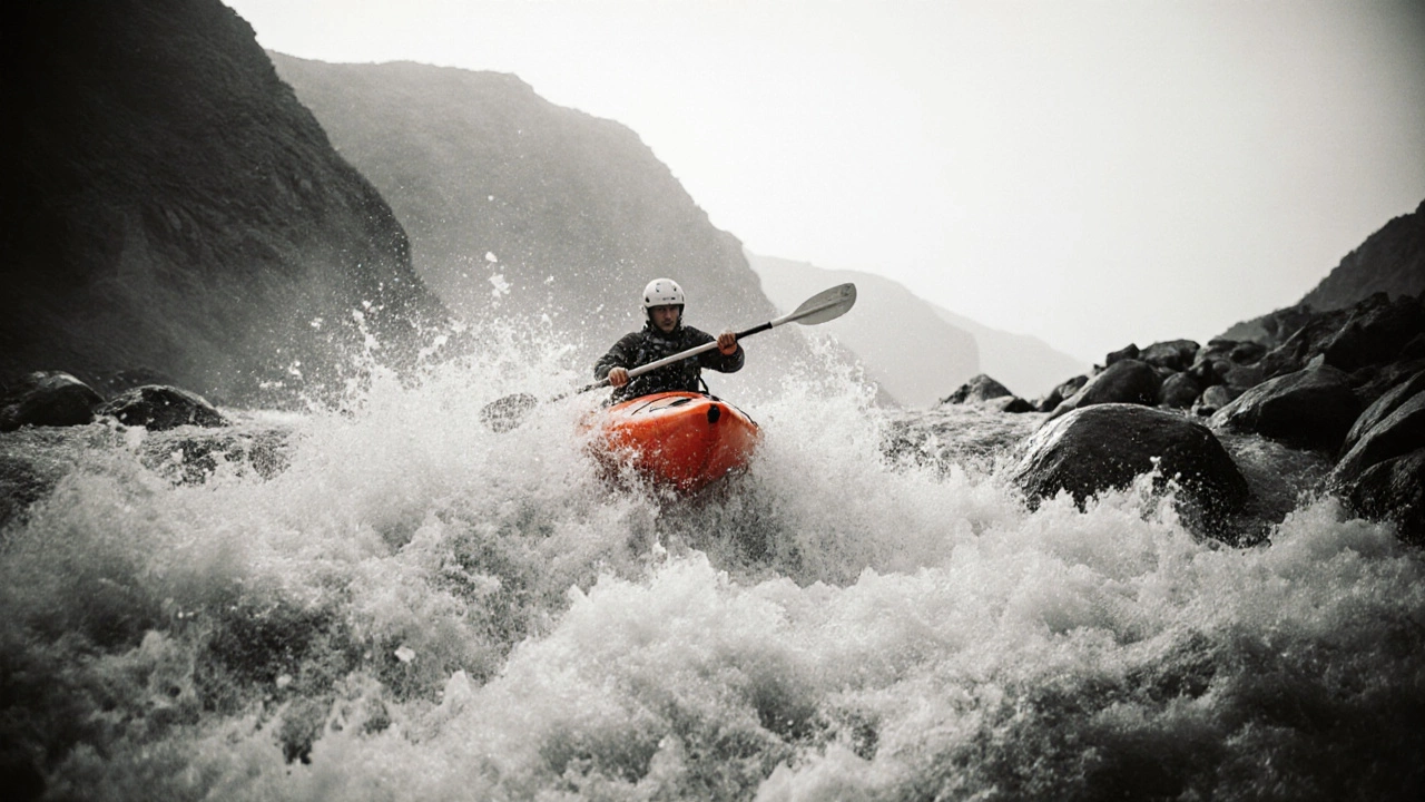 Каякер в красной лодке проходит бурный порог реки Катунь в Алтае, вода бьётся о скалы.