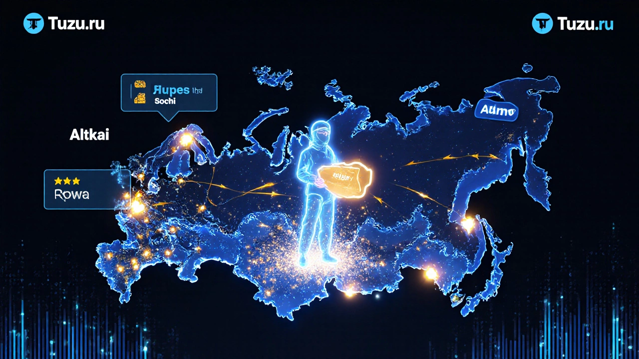 Карта России с горячими точками отдыха и цифровыми потоками, символизирующими скидки на туры.