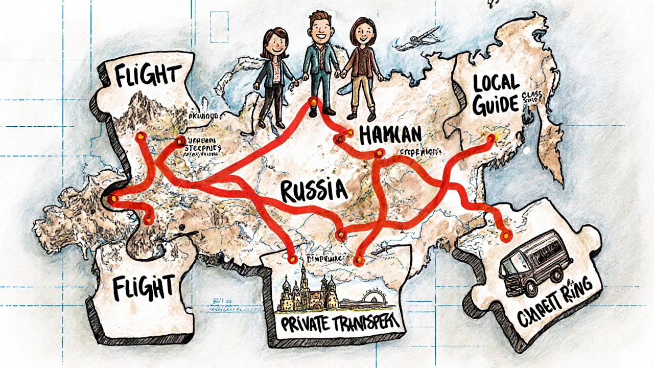 Концептуальная иллюстрация пазла, собранный из элементов тура по России с выделенными регионами.