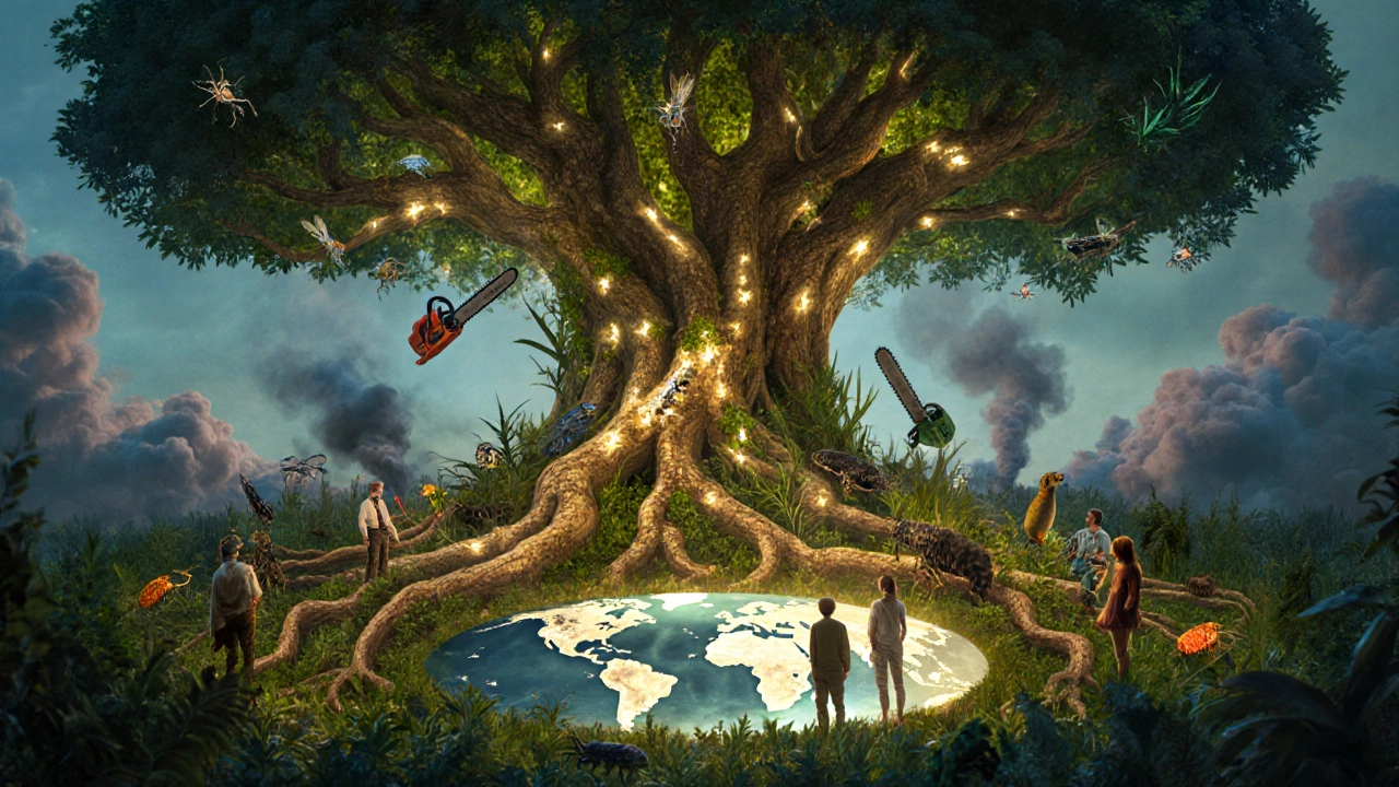 Корневая система дерева, связанная с людьми, насекомыми и животными, символизирующая тропические леса как лёгкие Земли.