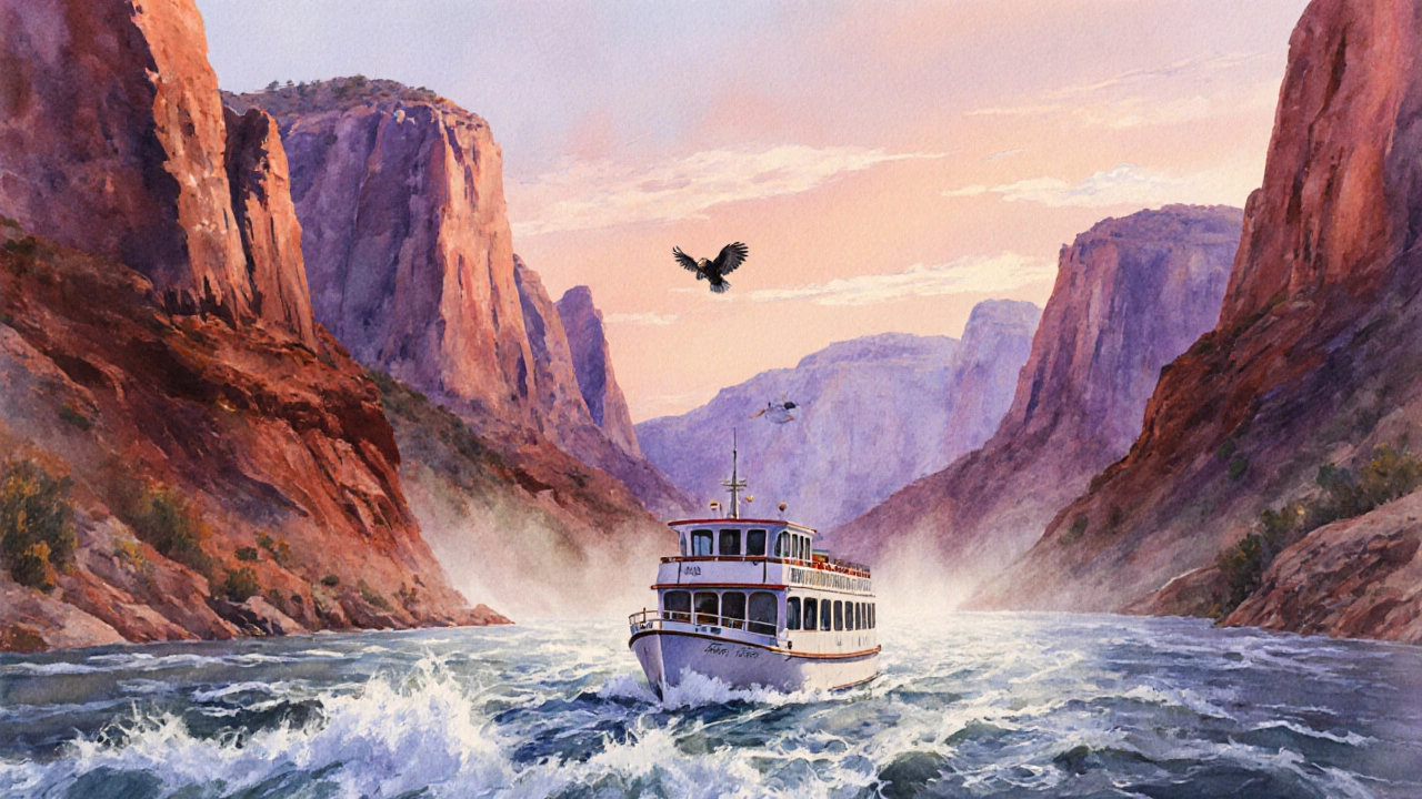 Круиз по реке Колорадо через Гранд-Каньон, красные скалы, орёл в небе, рассветные оттенки.