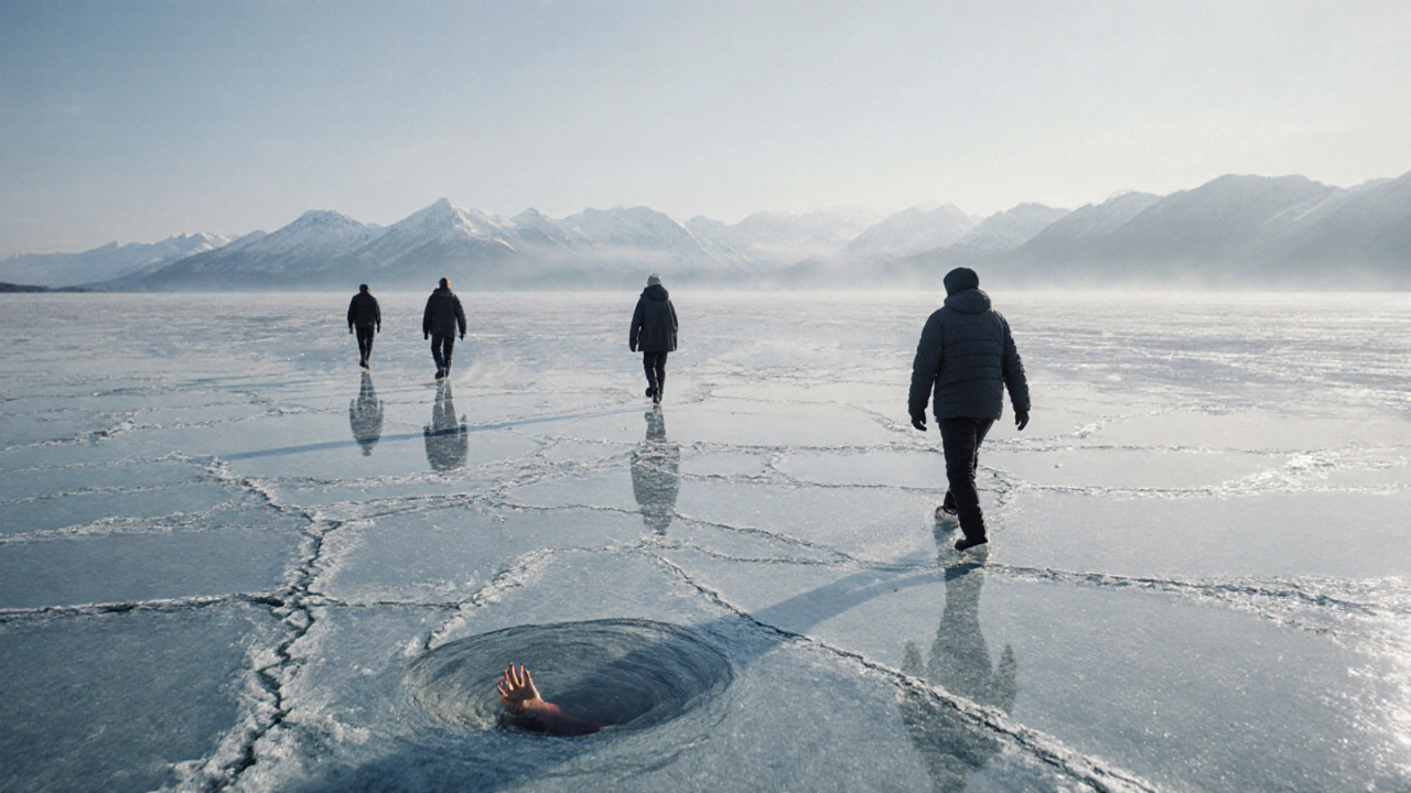 Люди на хрупком льду Байкала, один проваливается, вокруг — рассветный свет и трещины.