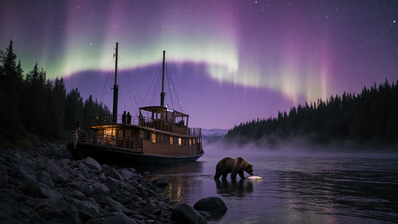 Медведь ловит лосося на реке на Аляске, северное сияние на фоне, сумерки.