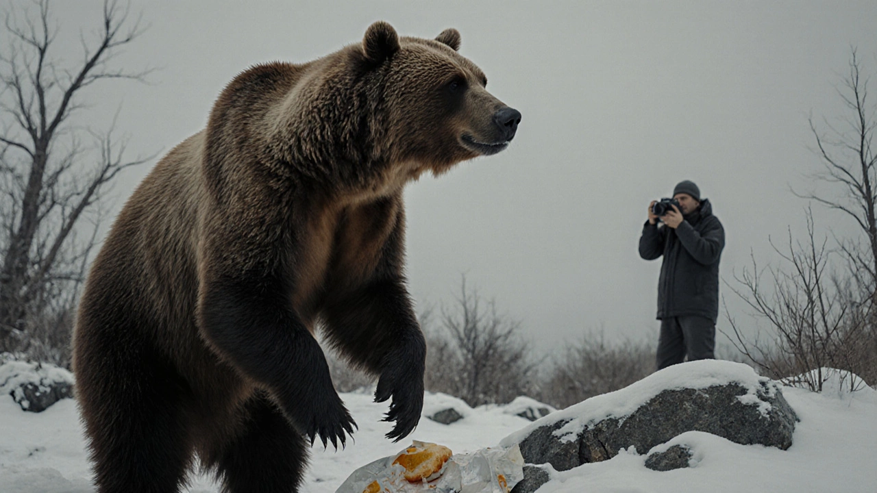 Медведь в заповеднике стоит рядом с бутербродом, его взгляд пустой, вокруг — мусор и снежные скалы.