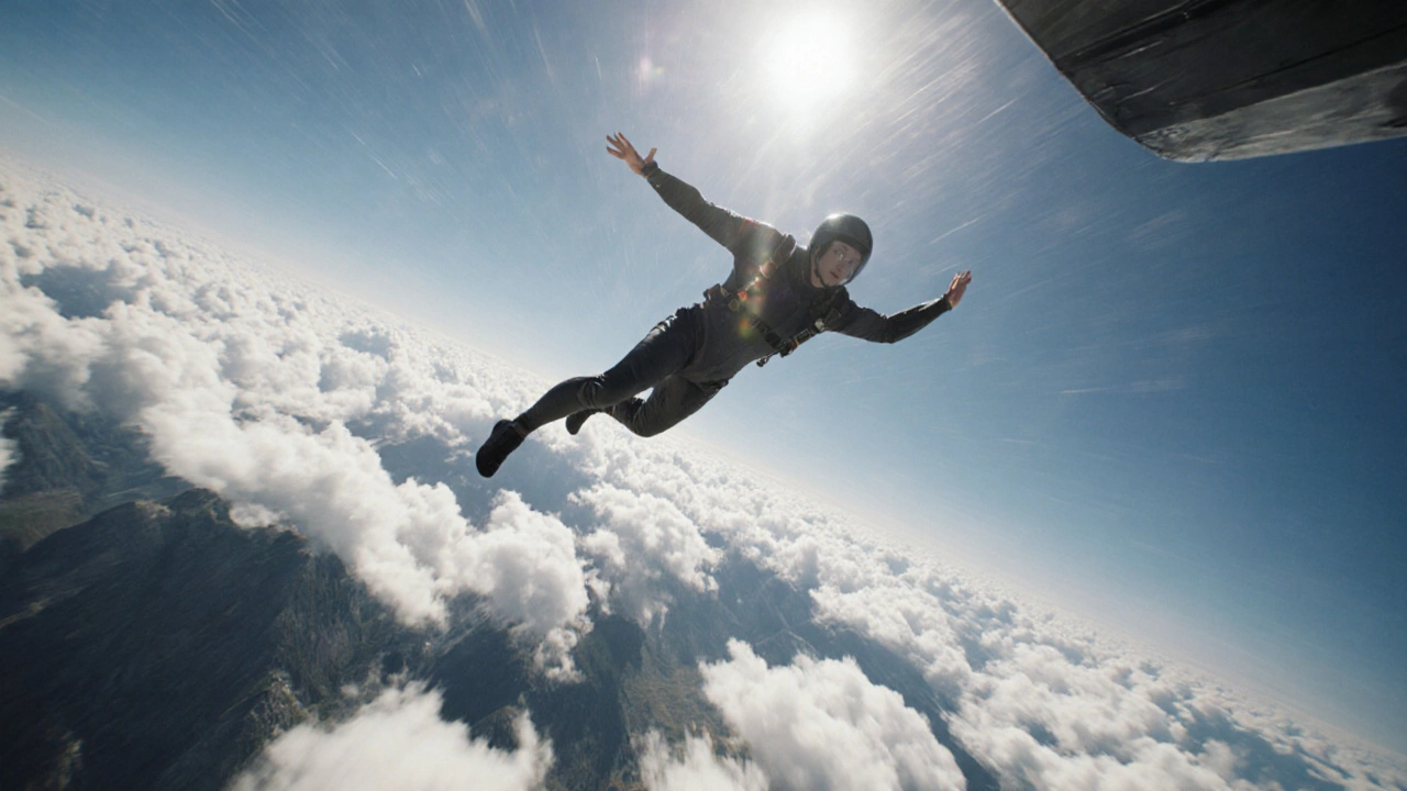 Небесный серфер в крыле-костюме падает с самолета над Крымскими горами на скорости 200 км/ч.