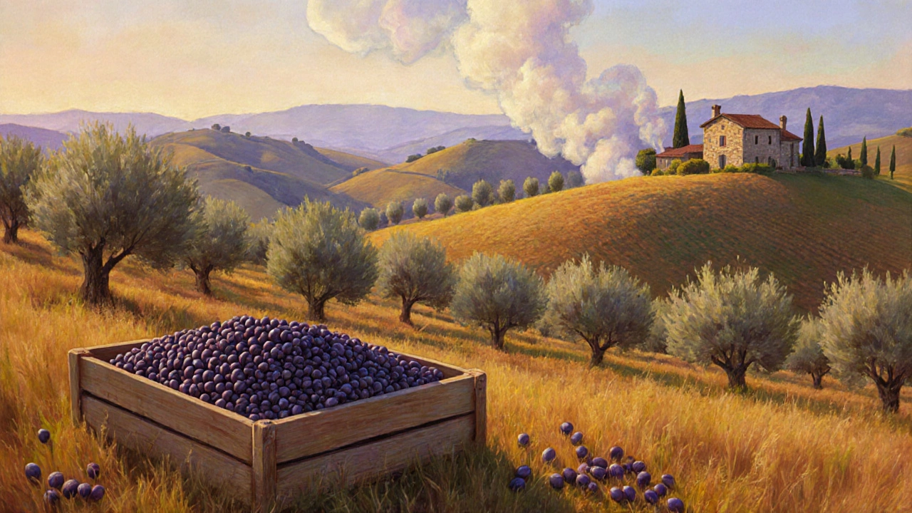Оливковый урожай в Тоскане осенью: фермеры собирают оливки на золотых холмах