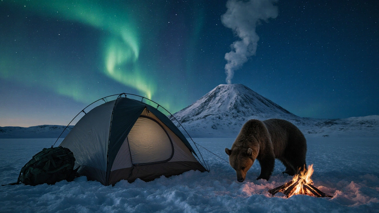 Палатка на Камчатке, медведь у рюкзака, вулкан дымит на фоне, сумерки.