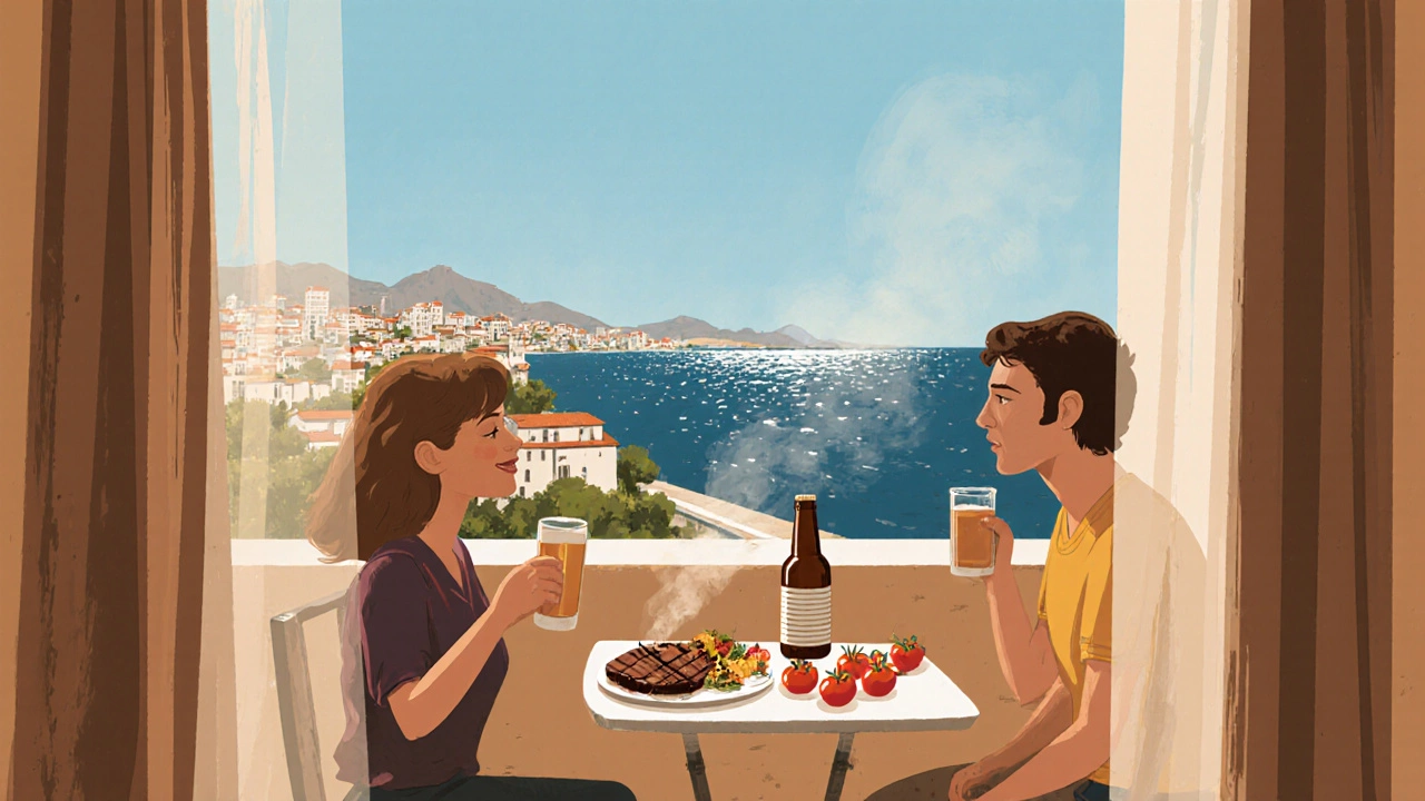 Пара на балконе в Батуми ест шашлык и смотрит на Чёрное море, пиво на столе.
