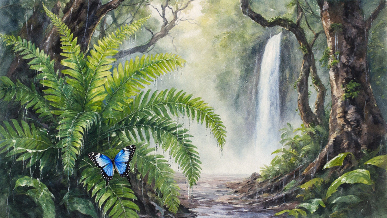 После дождя в джунглях Коста-Рики: бабочка морфо на листе, водопад, туман и солнечные лучи сквозь листву.