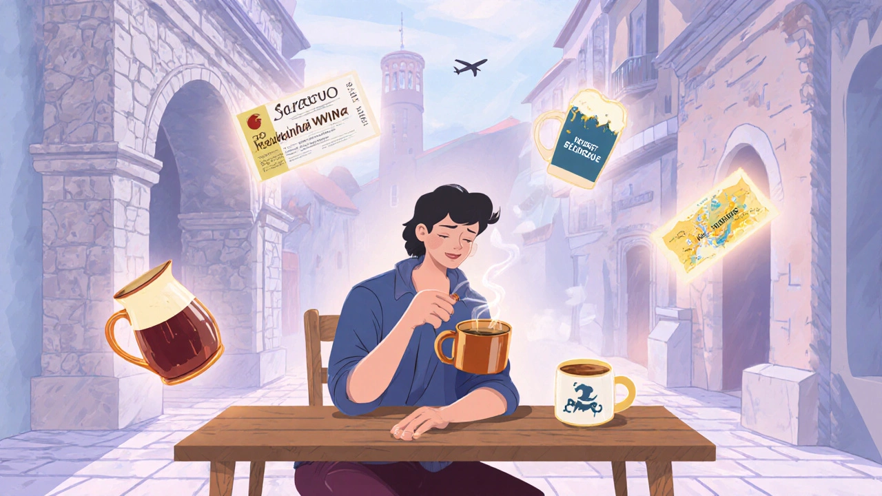 Путешественник пьёт турецкий кофе в Сараево, вокруг — символы доступных европейских направлений.