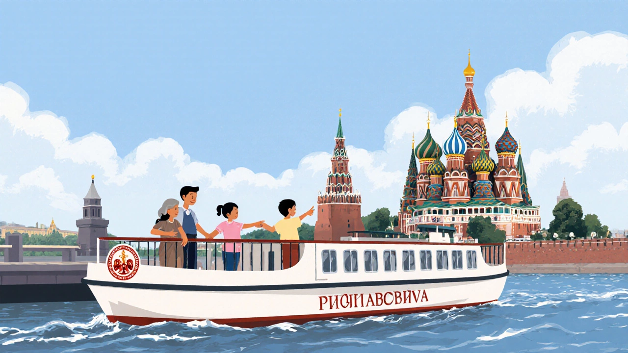 Семья на дневном круизе указывает на Храм Христа Спасителя, теплоход без украшений.