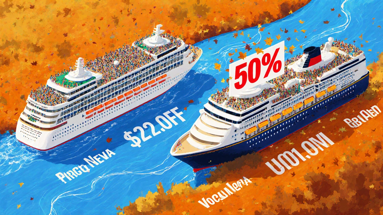 Символическое изображение сравнения цен: летний круиз с высокими ценами и осенний с большими скидками на реке.