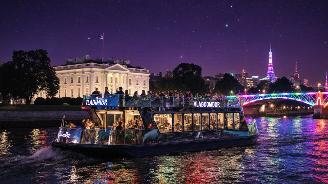 Современный теплоход с стеклянной палубой плывёт мимо Белого дома, мосты горят огнями.
