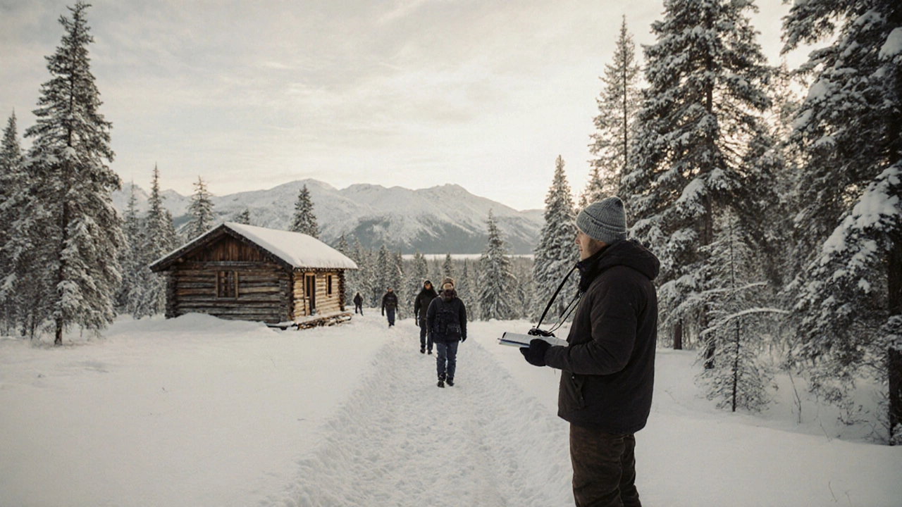 Тестировщик путешествия наблюдает за гидом у озера Байкал в зимнем лесу с деревянным домом на фоне.