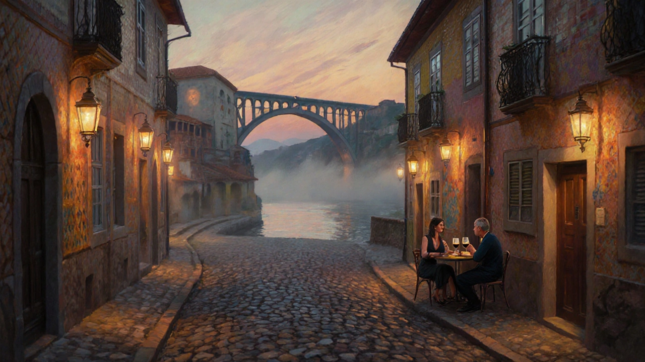 Тихий вечер в Порту: узкие улочки, цветные дома и мост через реку Дуэро с винодельней на другом берегу.