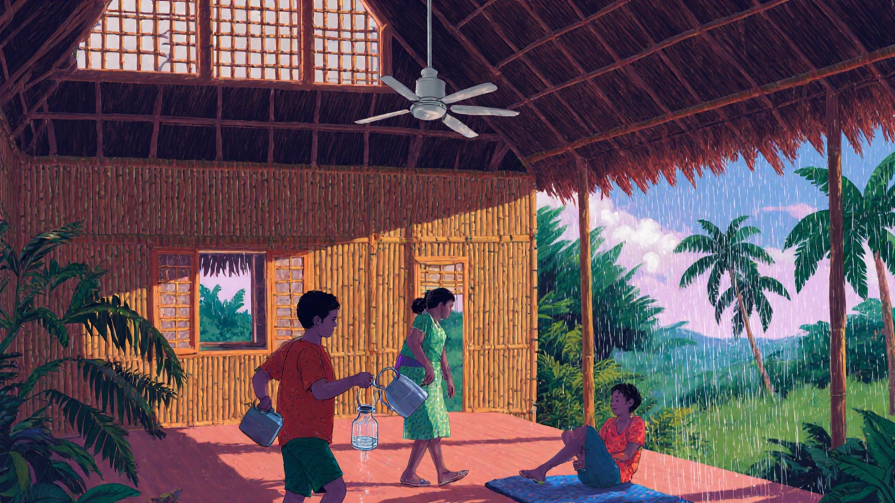 Традиционный дом в тропиках с высокими потолками и вентилятором, люди в утренней тишине, за окном — дождь.