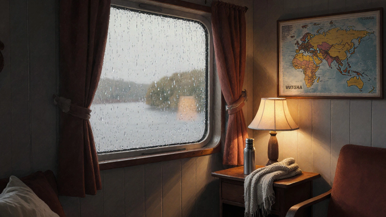 Уютная кабина речного судна в октябре: лампа, термос и шарф на столе, за окном дождь.