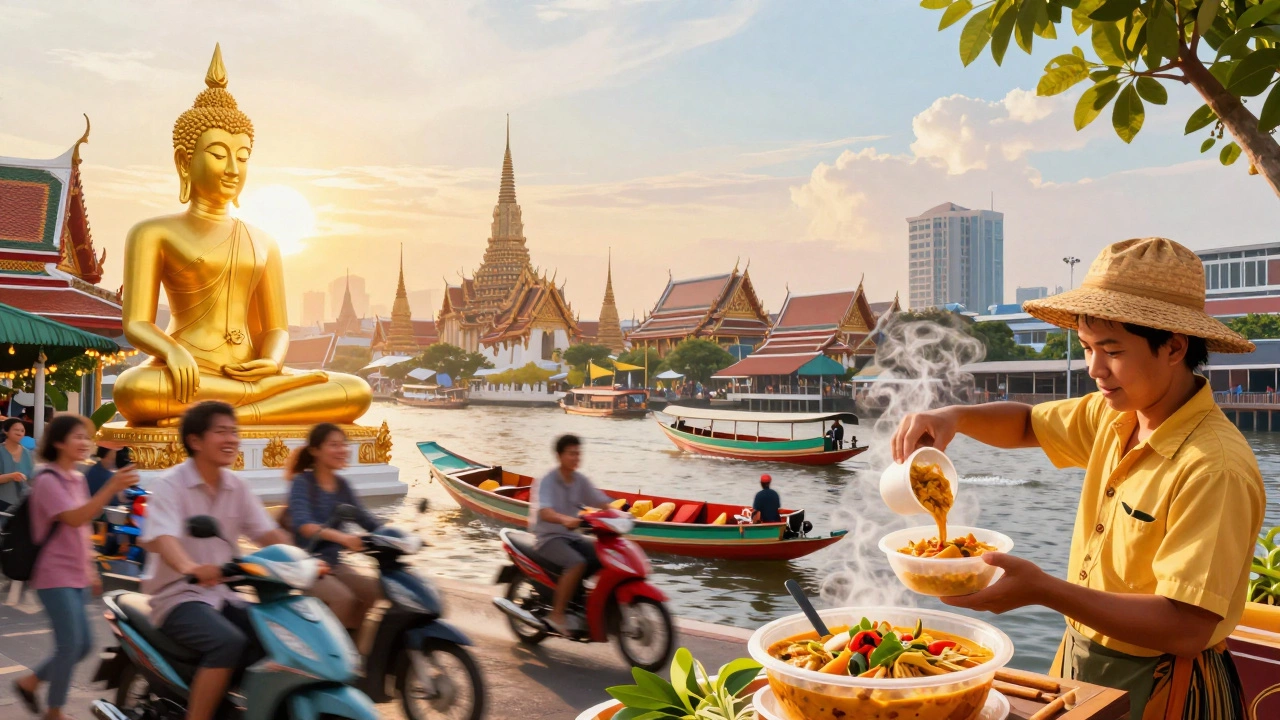 Бангкок утром: золотая статуя Будды и уличный продавец с тайским карри, туристы вокруг.