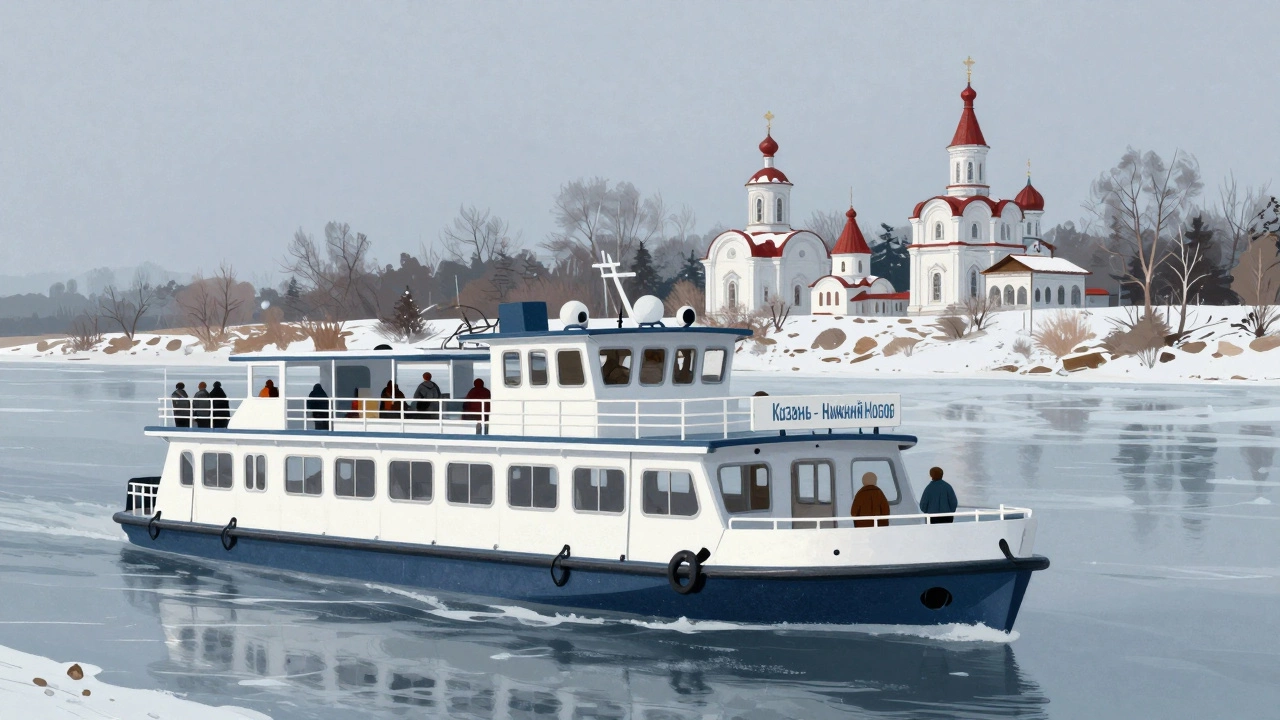 Бюджетный теплоход на Волге весной, пассажиры смотрят на заснеженные берега с церквями.