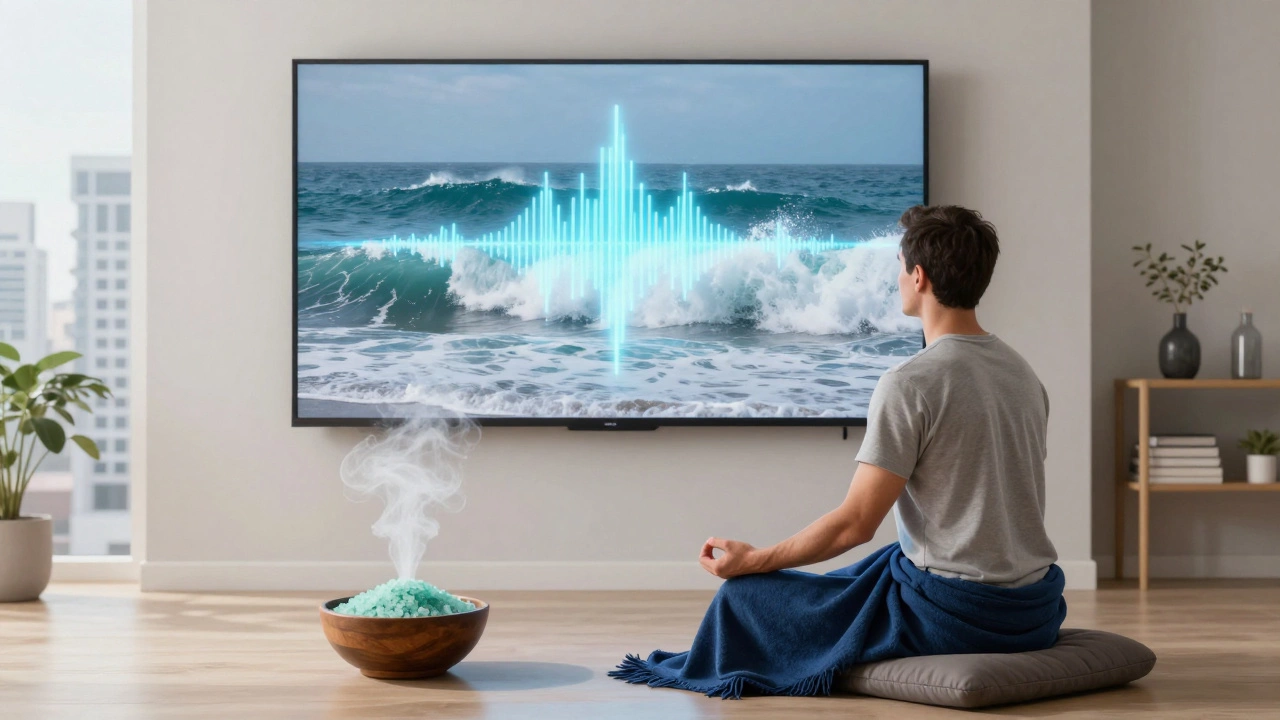 Человек медитирует в городской квартире, за ним — экран с видео моря, рядом — аромадиффузор и морская соль.