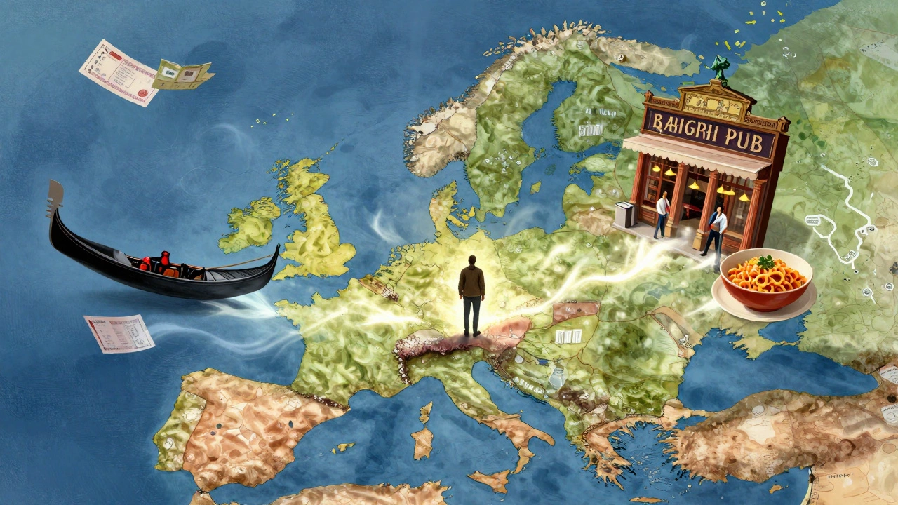 Человек в центре карты Европы, окруженный культурными символами путешествия.