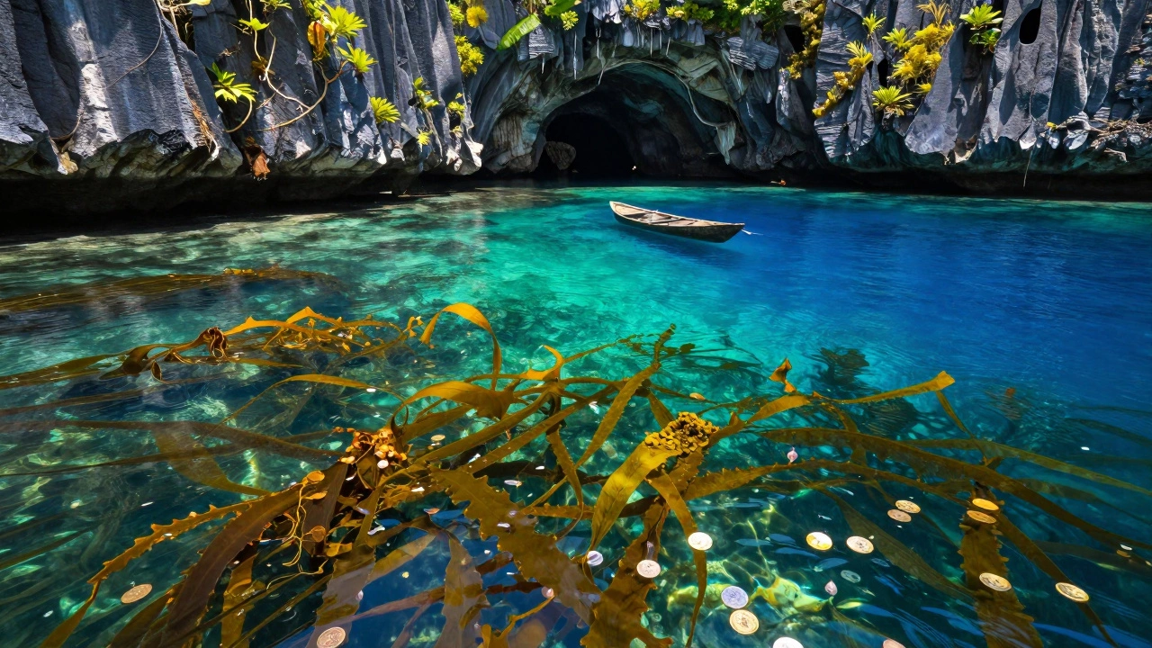 Филиппины: море с множеством оттенков, водоросли и стайки рыб под солнечным светом.