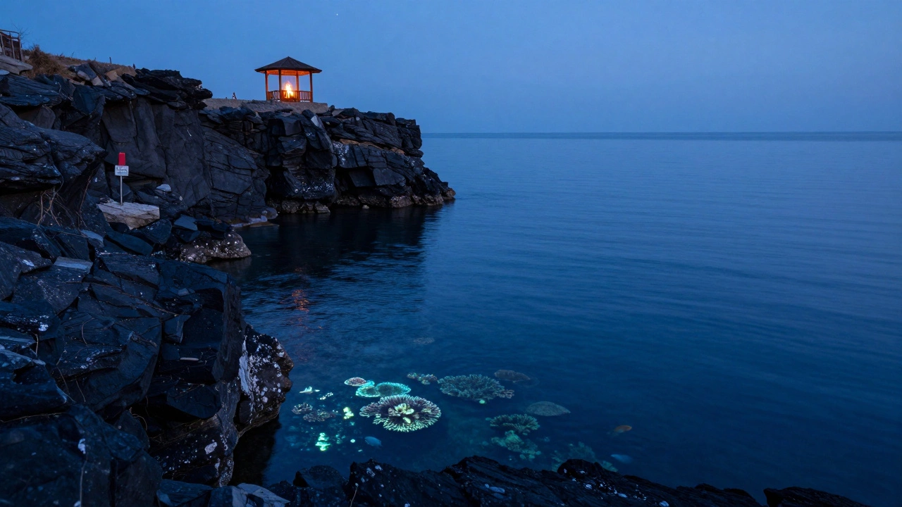 Грузия: скалистый берег с костром и подводными рифами при закате.