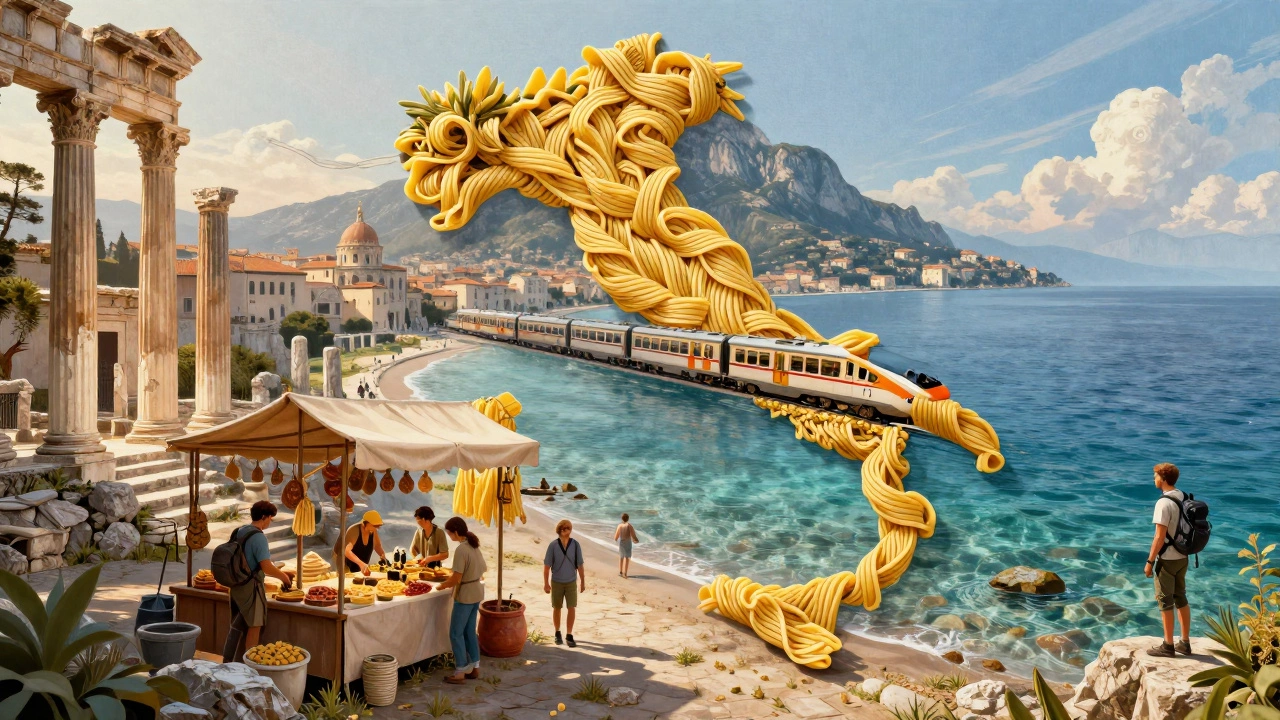 Художественное изображение Италии как единого полотна: руины, море, поезд и рынок.