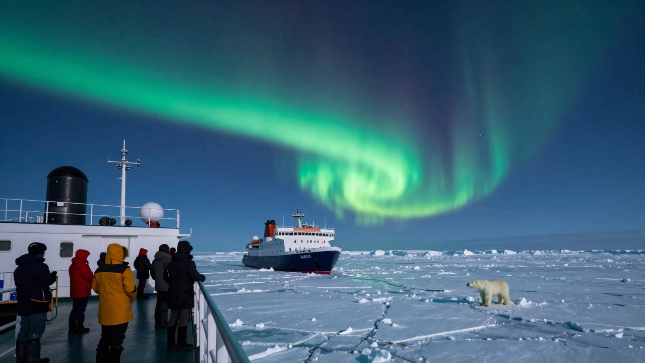 Ледокол плывёт сквозь арктические льды под северным сиянием.