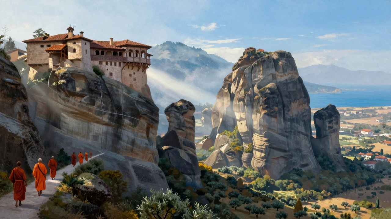 Монастыри Метеоры на скалах над оливковыми рощами в рассветном свете.