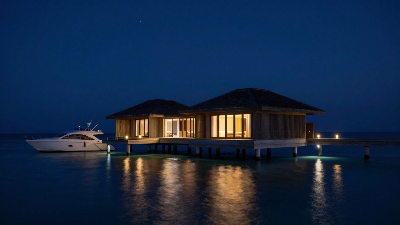 Ночная вилла на Мальдивах с отражением в спокойном океане и звездным небом.