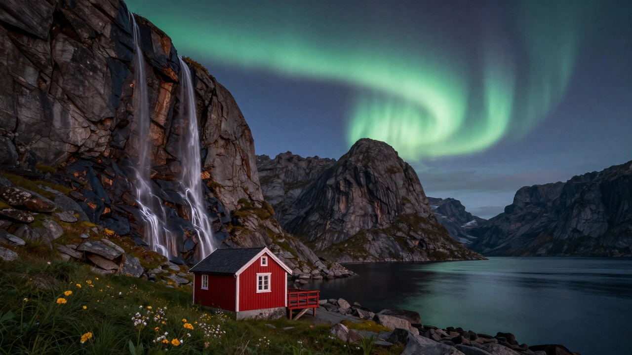 Норвежский фьорд при полуночном солнце с водопадами и северным сиянием.