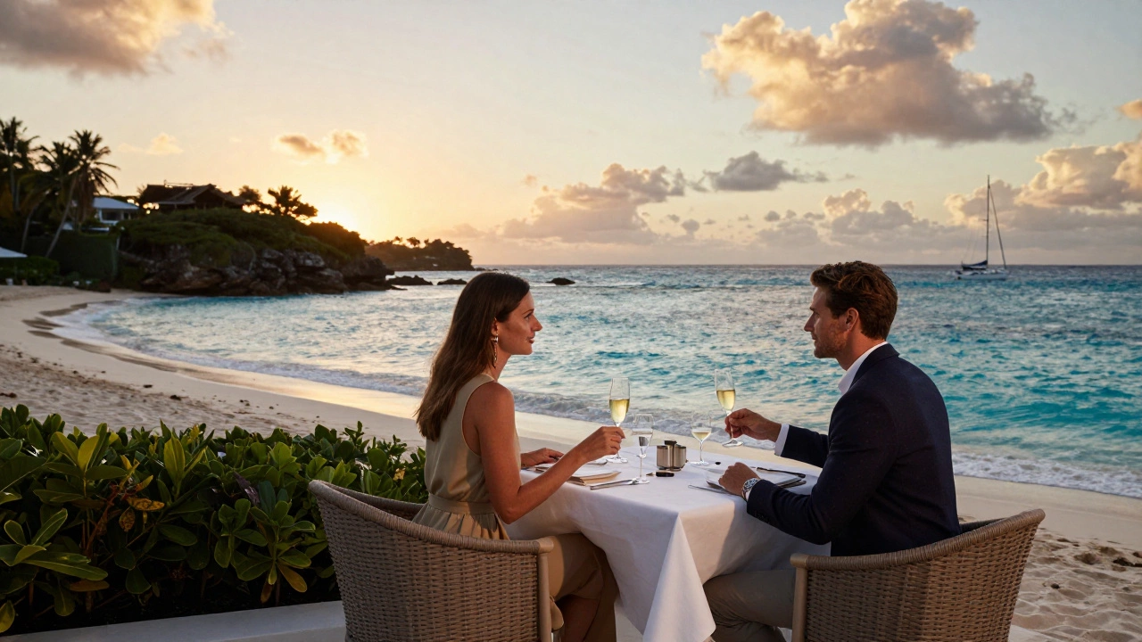 Пара ужинает на террасе Сент-Бартс на закате, вид на пляж и море.
