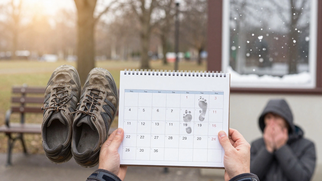 Потрепанные туфли рядом с календарем, где каждый день отмечен следом шага, символизируя год ежедневных прогулок.