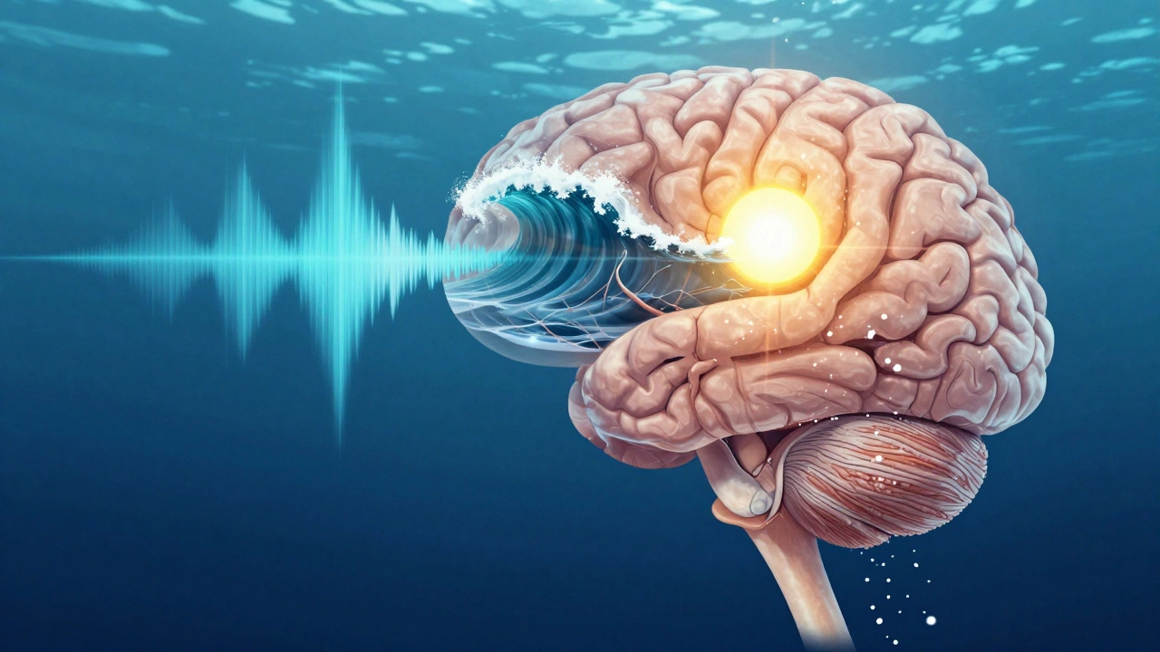 Прозрачное изображение мозга с визуализацией звуков волн, солнечного света и морской соли, влияющих на нейрохимические процессы.
