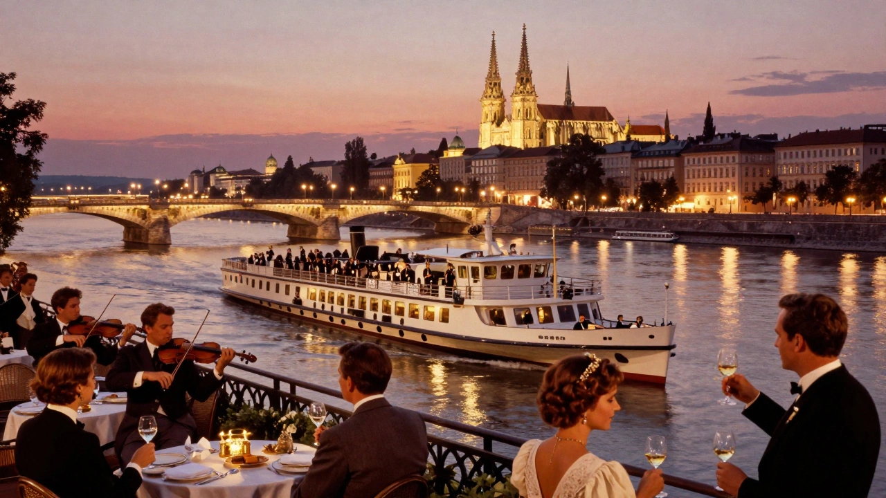 Роскошный круиз по Дунаю на закате, музыка на палубе, городские шпили вдалеке.
