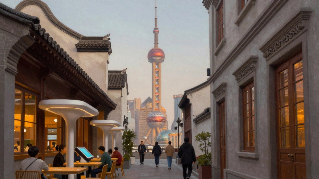 Шанхай на закате: небоскребы и старинные дома в одном кадре, туристы между прошлым и будущим.