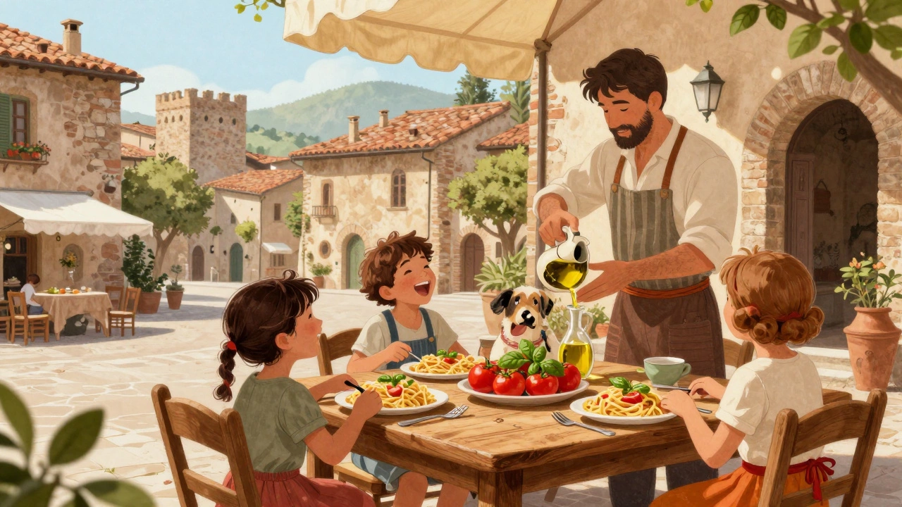 Семья ужинает на деревянных столах в итальянской деревне с пастой и оливковым маслом.