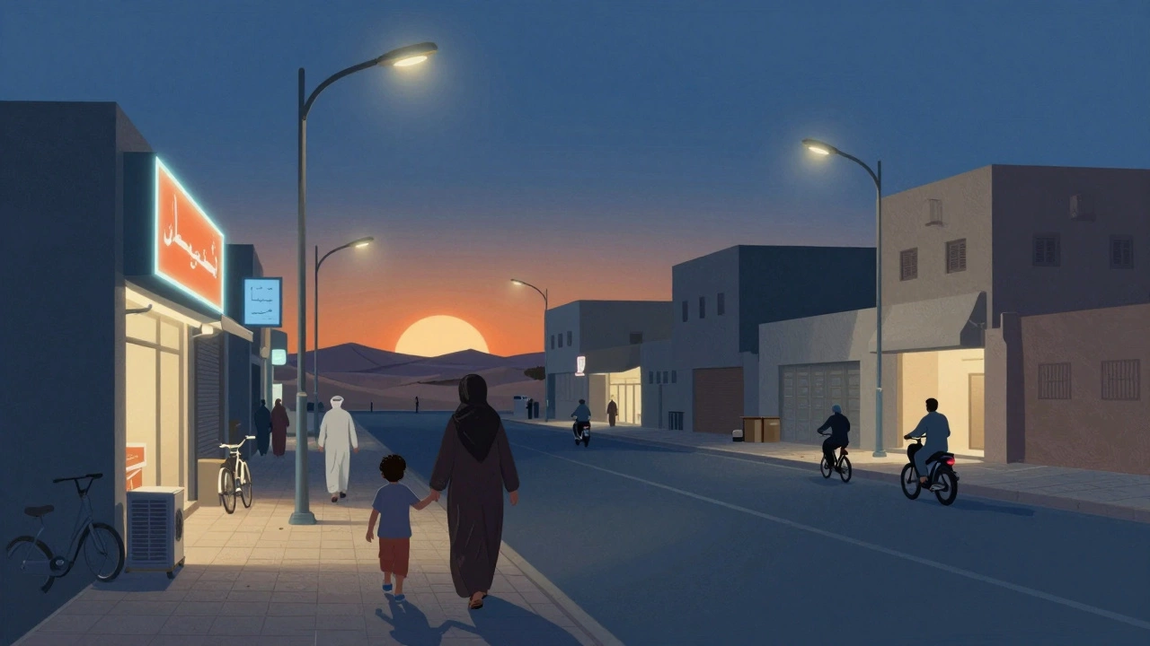 Семья в Кувейте гуляет вечером: уличные фонари, открытые магазины, прохладные тени после заката.