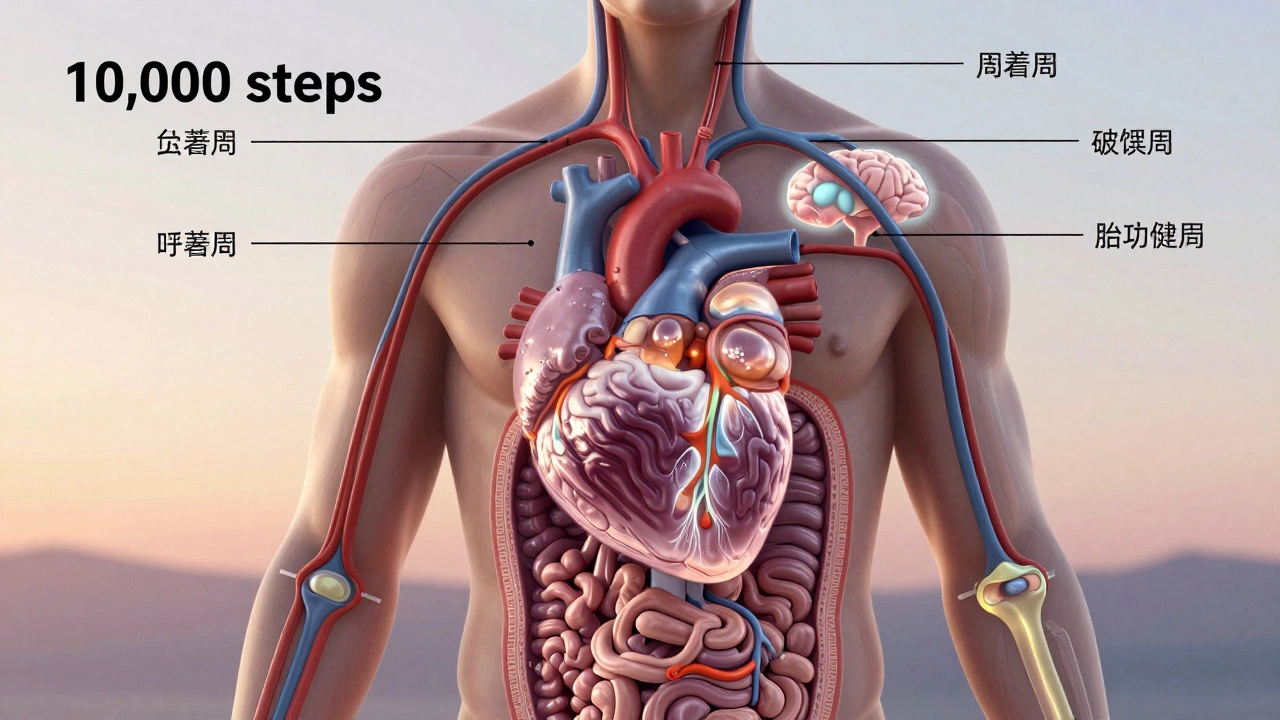 Схематичное изображение тела с внутренними изменениями: улучшенное сердце, активный мозг и смазанные суставы.